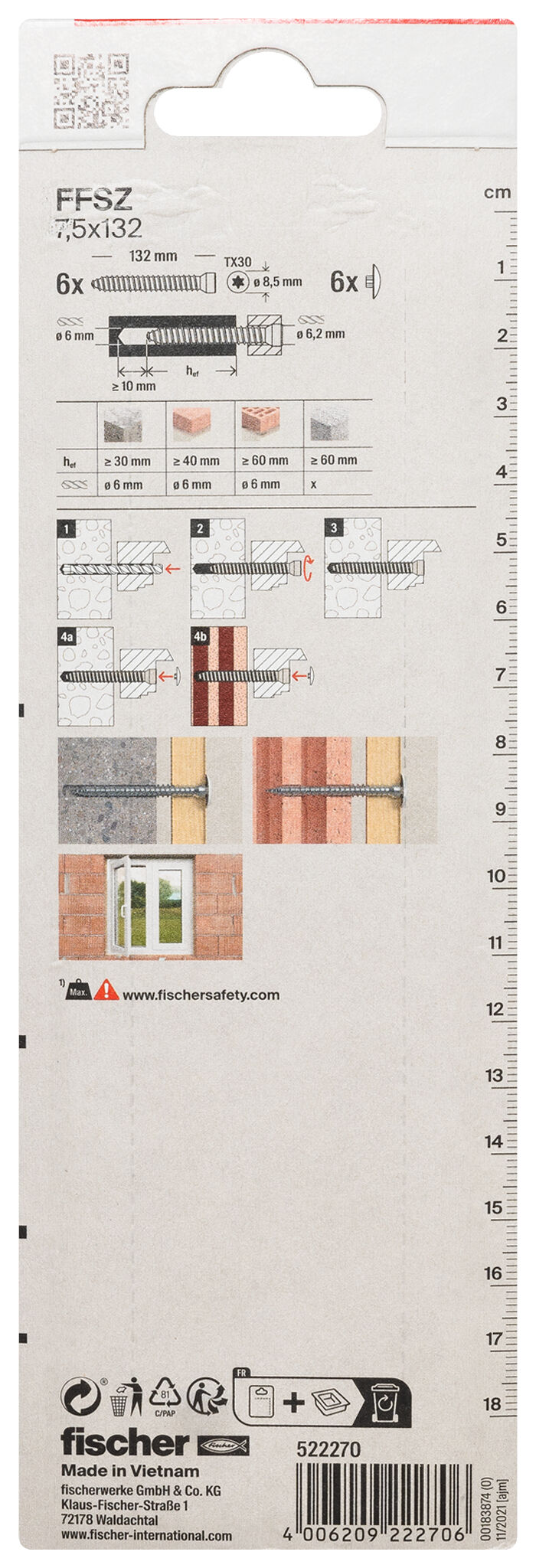 Packaging: "fischer Window frame screws FFSZ 7.5 x 132 TX30 K SB-card"
