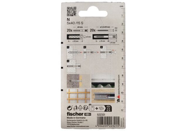 Emballasje: "fischer Spikerplugg N 5 x 40 S K NV med senkhode elz blisterkort (NOBB 40601155)"