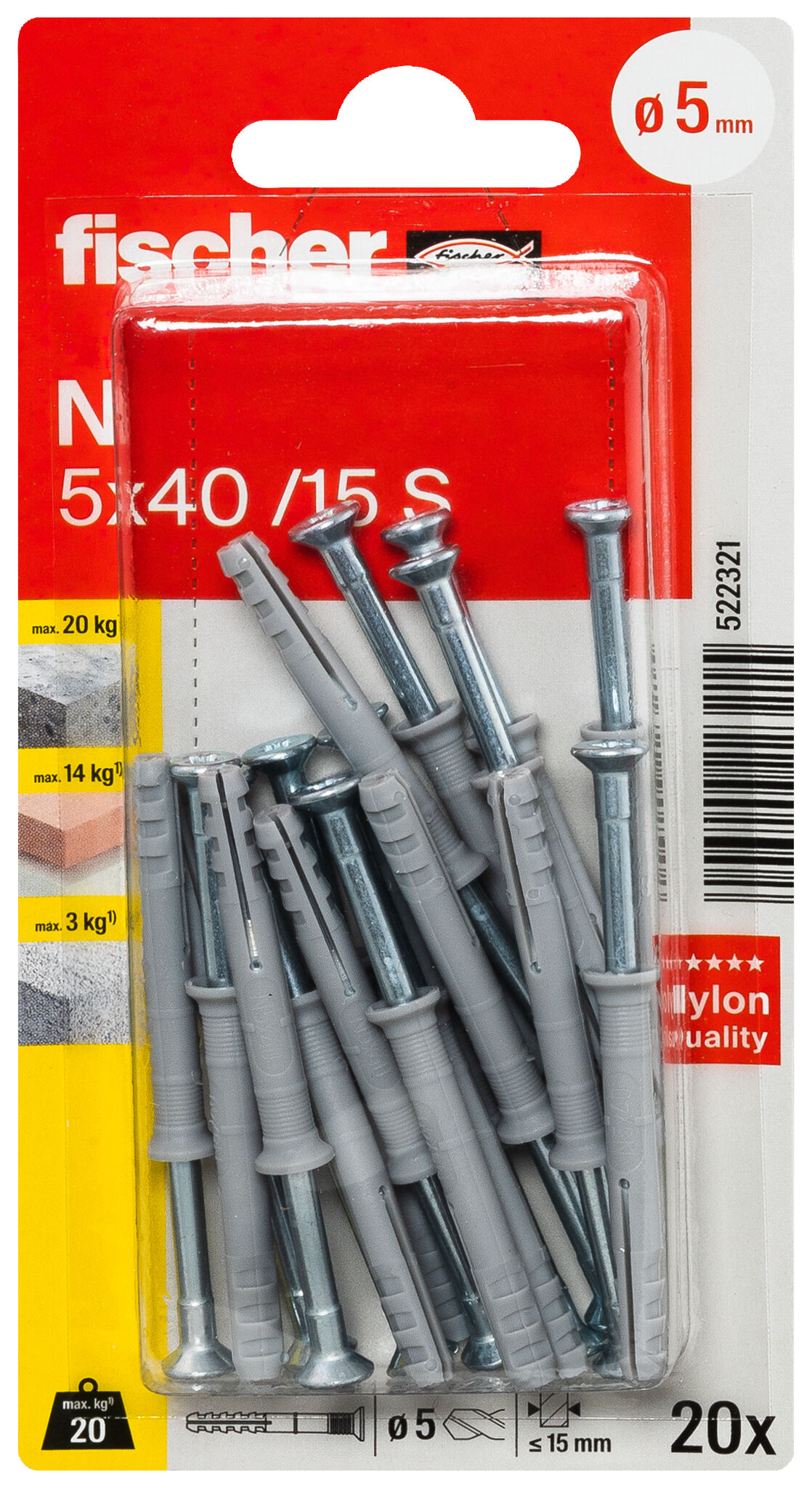 Packaging: "fischer Hammerfix N 5 x 40 S K NV with countersunk head gvz SB-card"