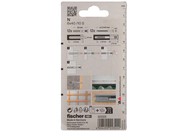 Packaging: "fischer Nagelplug N 6 x 40/10 S met verzonken kop"