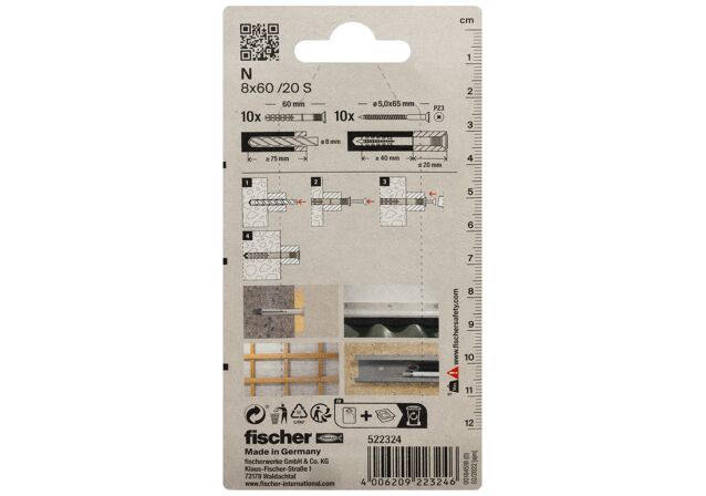 Συσκευασία: "fischer N 8x60 S K Νάιλον βύσμα με βίδα σε blister"