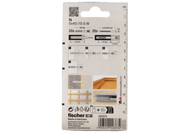 Packaging: "fischer spikplugg N 5 x 40 W K NV vit försänkt huvud gvz SB-kort"