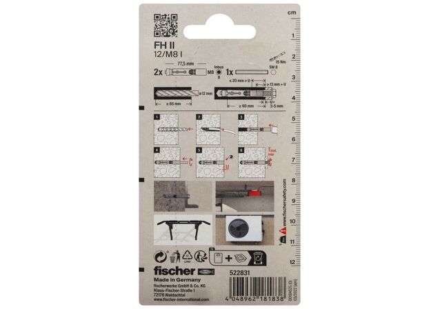 Packaging: "fischer High performance anchor FH II-I 12/M8 with internal thread SB-card"