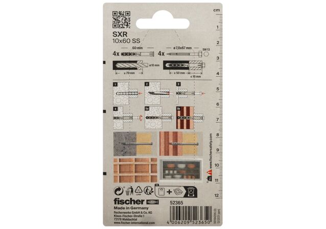 Packaging: "fischer Frame fixing SXR 10 x 60 SS K with hexagonal screw"