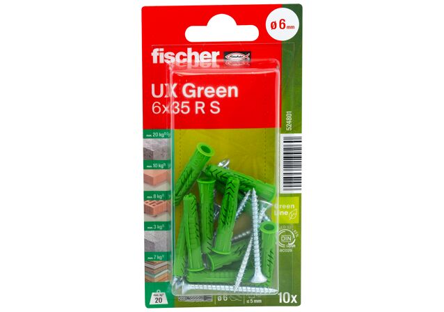 Packaging: "fischer Universal plug UX Green 6 x 35 R S K with rim, screw SB-card"
