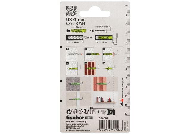 Packaging: "fischer Universal plug UX Green 6 x 35 R WH with rim angle hook"