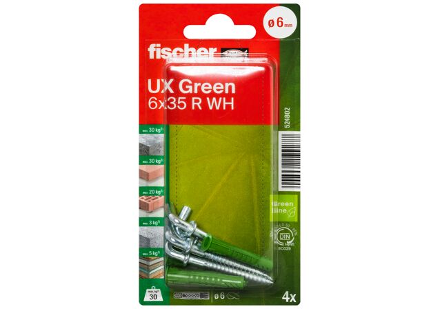 Verpackung: "fischer Universaldübel UX Green 6 x 35 R WH mit Rand, Winkelhaken"