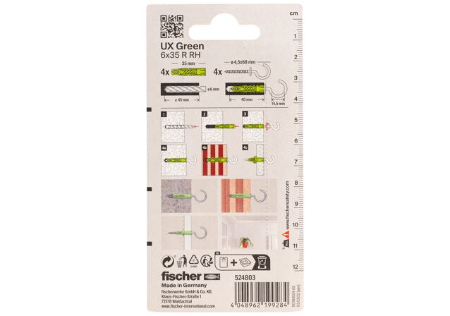 Packaging: "fischer Universal plug UX Green 6 x 35 RH with rim round hook"