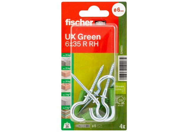 Packaging: "fischer Universal plug UX Green 6 x 35 RH with rim round hook"