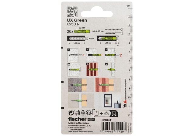 Packaging: "fischer Universal plug UX Green 6 x 50 R K with rim SB-card"