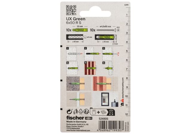Packaging: "fischer Universal plug UX Green 6 x 50 R S K with rim, screw SB-card"