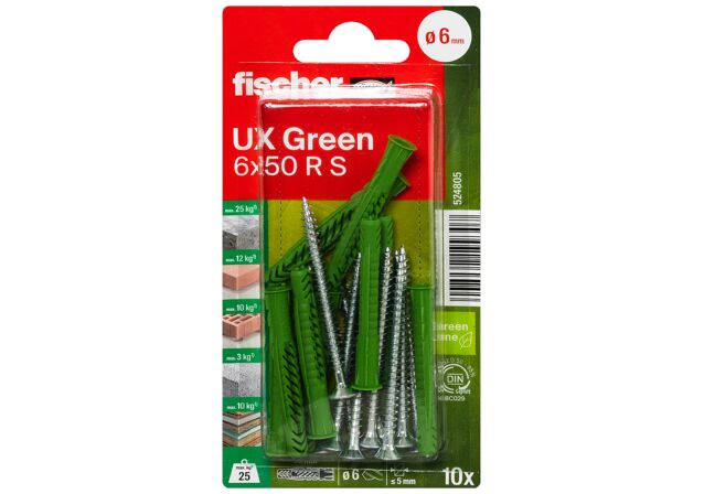 Packaging: "fischer Universal plug UX Green 6 x 50 R S K with rim, screw SB-card"
