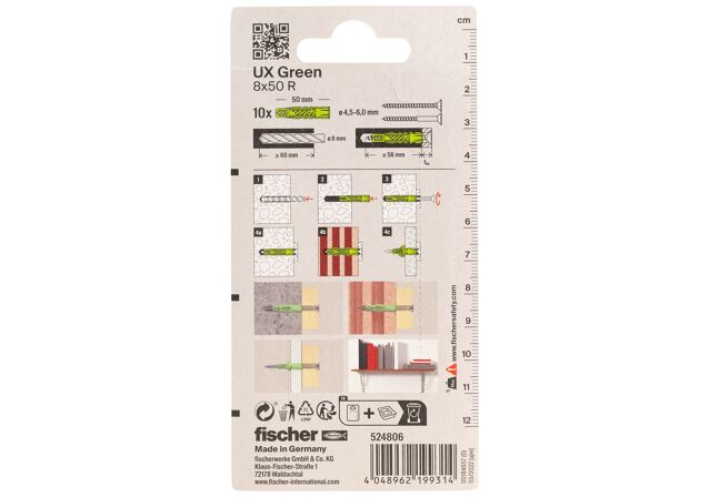Packaging: "fischer Universal plug UX Green 8 x 50 R K with rim"