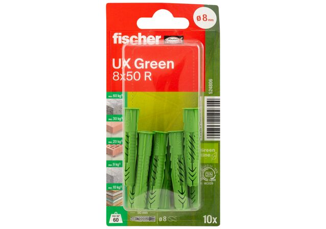 Packaging: "fischer Universal plug UX Green 8 x 50 R K with rim"
