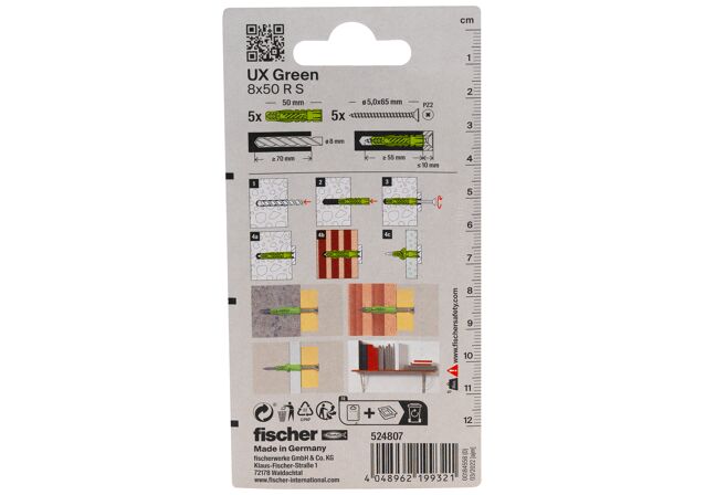Packaging: "fischer Universal plug UX Green 8 x 50 R S K with rim, screw SB-card"