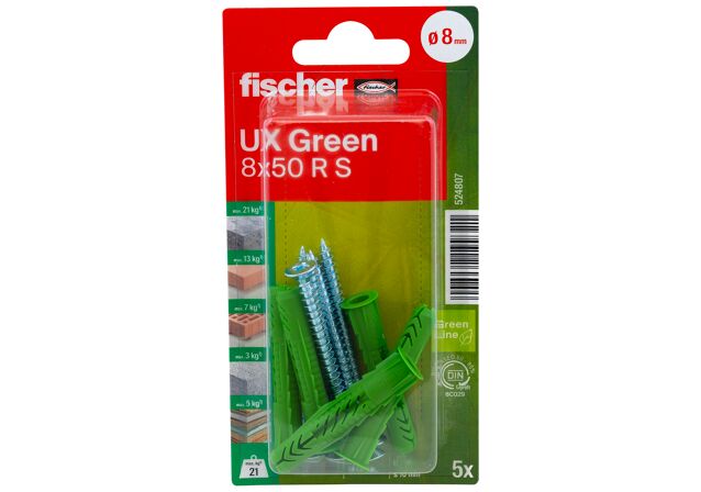 Packaging: "fischer Universal plug UX Green 8 x 50 R S K with rim, screw SB-card"