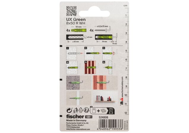 Packaging: "fischer Universal plug UX Green 8 x 50 R WH K with rim, angle hook SB-card"