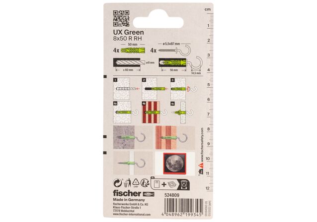 Packaging: "fischer Universal plug UX Green 8 x 50 R RH K with rim, round hook SB-card"