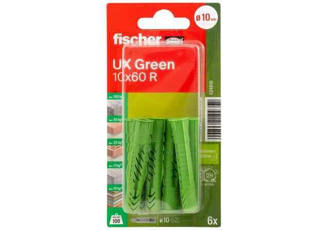 Packaging: "fischer Universal plug UX Green 10 x 60 R K with rim SB-card"