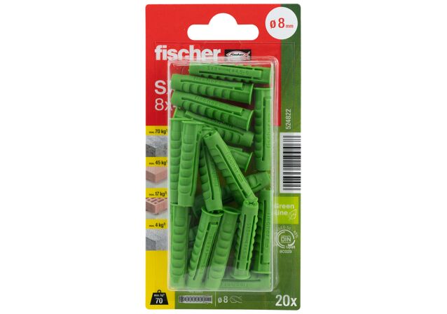 Packaging: "fischer Expansion plug SX Green 8 x 40 K with rim"