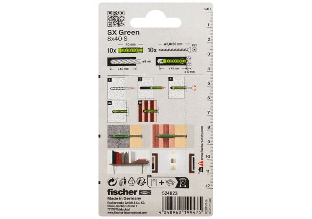 Packaging: "fischer Expansion plug SX Green 8 x 40 S with screw"