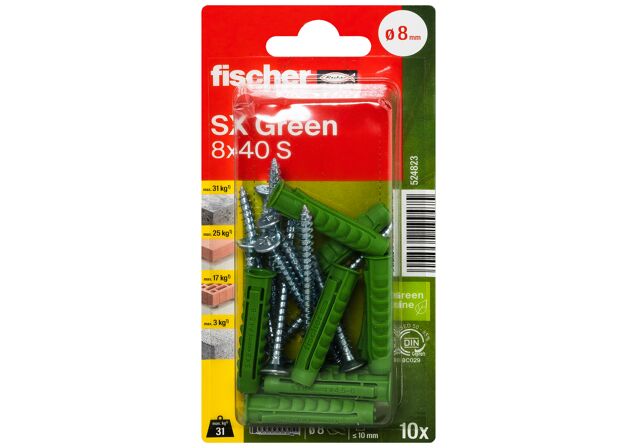 Packaging: "fischer Expansion plug SX Green 8 x 40 S with screw"