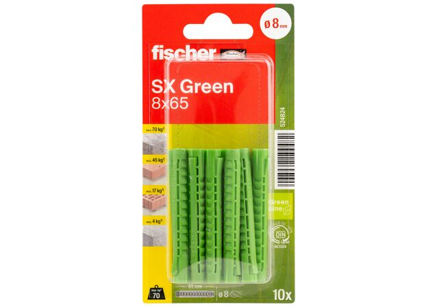 Packaging: "fischer Expansion plug SX Green 8 x 65 K with larger anchorage depth"