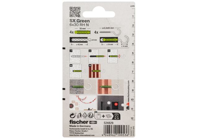 Packaging: "fischer Expansion plug SX Green 6 x 30 RH with round hook K"