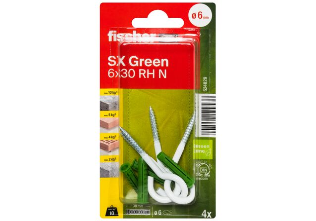 Packaging: "피셔 확장 플러그 SX Green 6 x 30 RH 원형 훅 K"