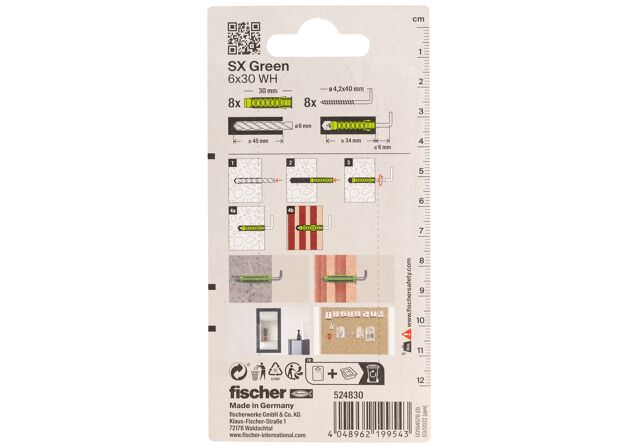 Packaging: "fischer Expansion plug SX Green 6 x 30 WH with round hook K"