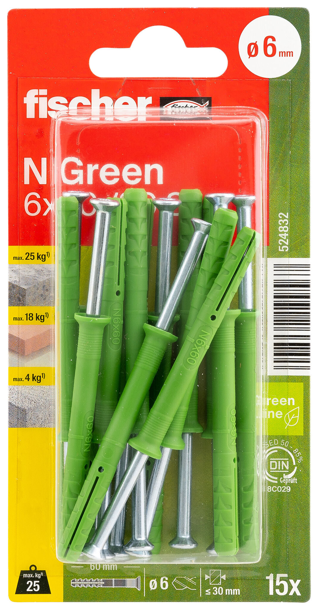 Packaging: "fischer Hammerfix N Green 6 x 60/30 S with countersunk head gvz K"