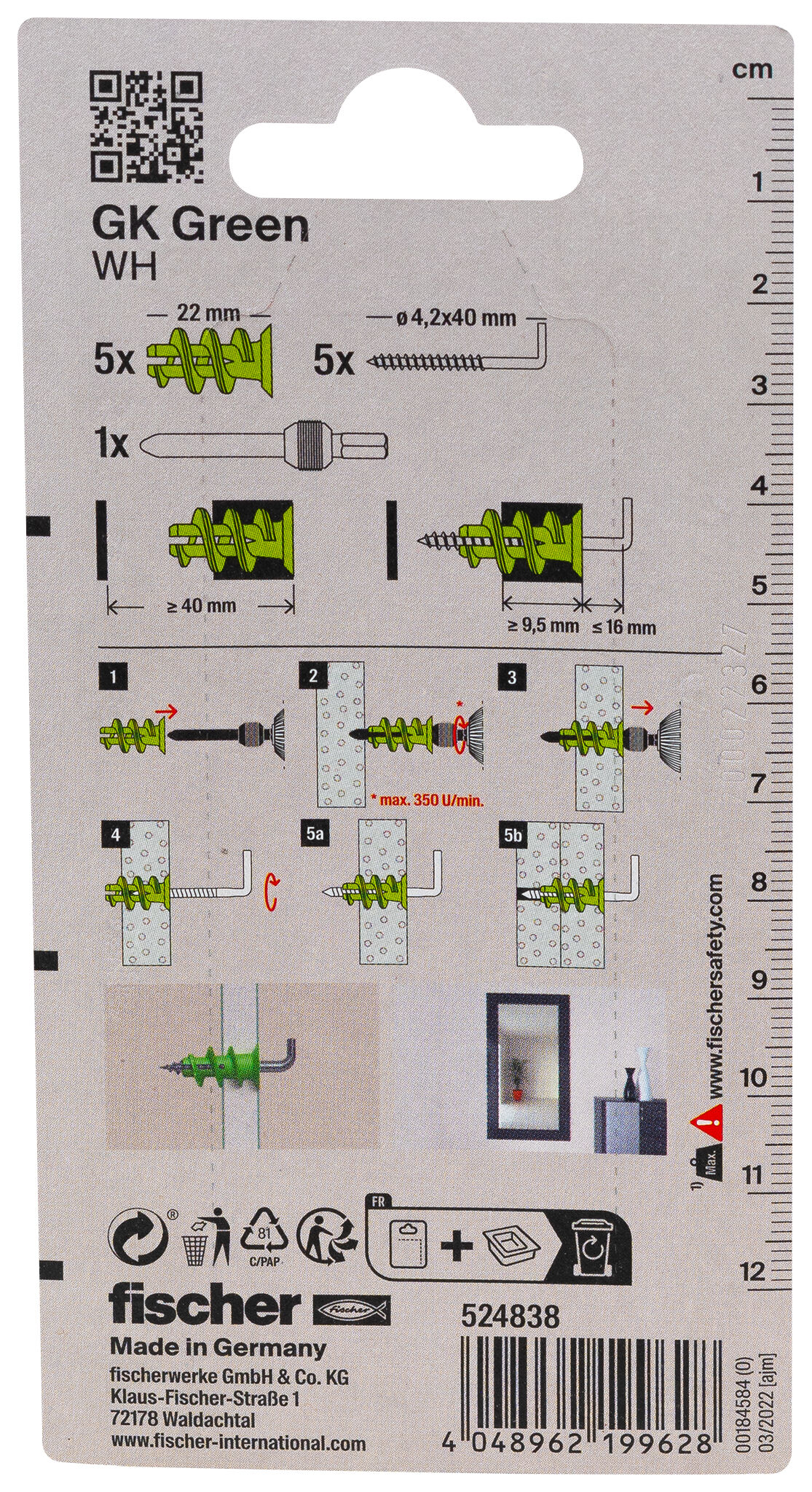 Packaging: "fischer Plasterboard fixing GK Green WH with angle hook K"