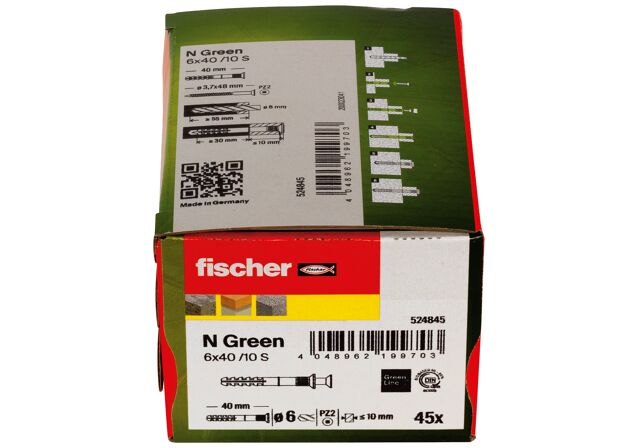Packaging: "Гвоздевой дюбель fischer с потайным бортиком N Green 6 x 40/10 S с оцинкованным гвоздем"