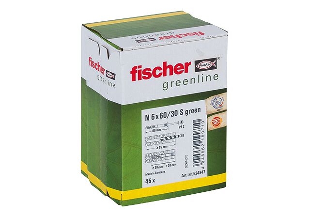 Packaging: "Гвоздевой дюбель fischer с потайным бортиком N Green 6 x 60/30 S с оцинкованным гвоздем"