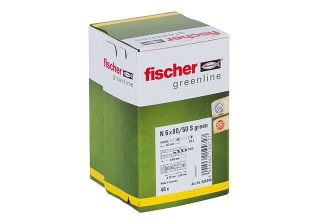 Packaging: "Гвоздевой дюбель fischer с потайным бортиком N Green 6 x 80/50 S с оцинкованным гвоздем"