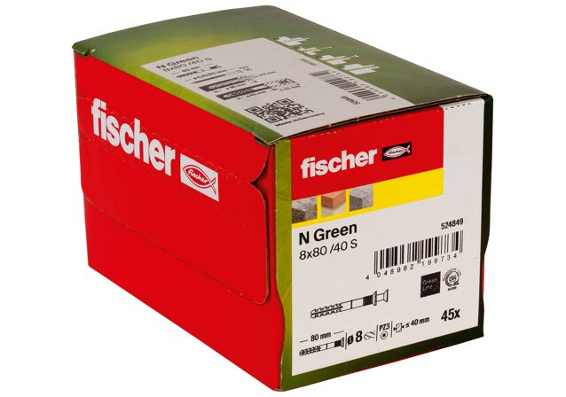 Packaging: "Гвоздевой дюбель fischer с потайным бортиком N Green 8 x 80/40 S с оцинкованным гвоздем"