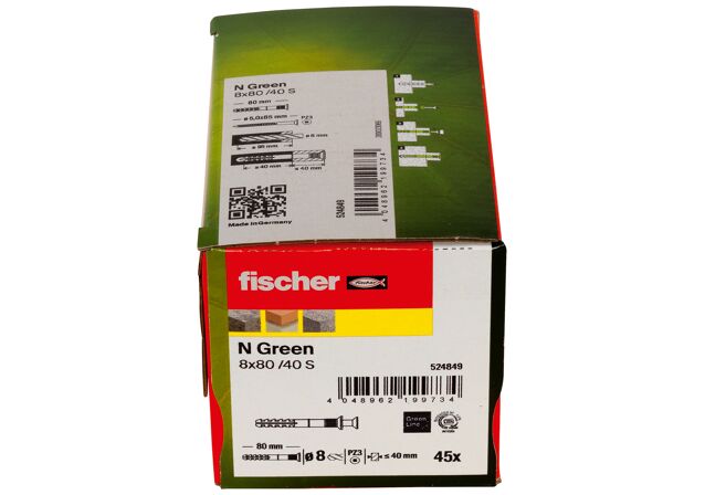 Packaging: "Гвоздевой дюбель fischer с потайным бортиком N Green 8 x 80/40 S с оцинкованным гвоздем"