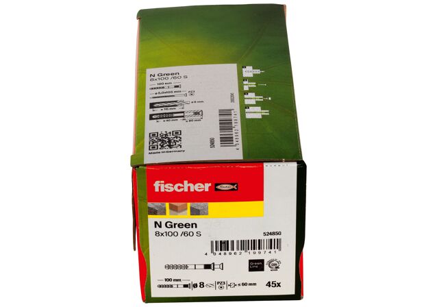 Packaging: "fischer beütődübel N Green 8 x 100/60 S gvz süllyesztett fejű csavarral"