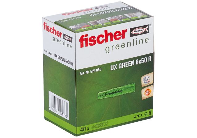 Packaging: "fischer Universalplug UX Green 6 x 50 R med krave"