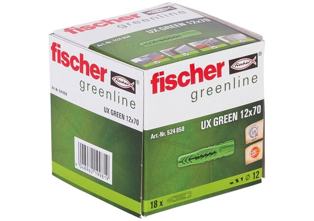 Packaging: "fischer Universal plug UX Green 12 x 70"