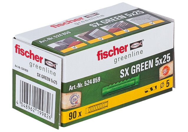 Emballasje: "fischer Nylonplugg SX Green 5 x 25 med krage (NOBB 49137374)"
