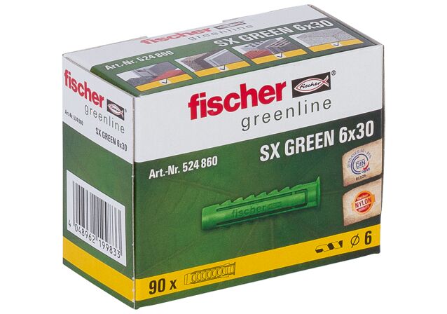 Emballasje: "fischer Nylonplugg SX Green 6 x 30 med krage (NOBB 49137385)"