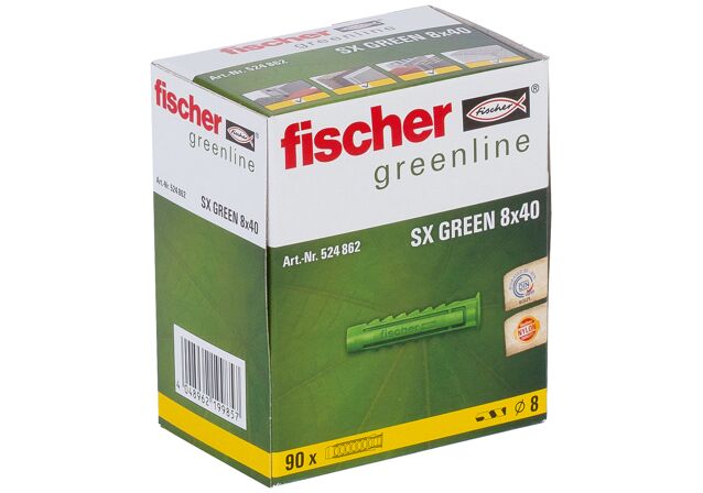Emballasje: "fischer Nylonplugg SX Green 8 x 40 med krage (NOBB 49137412)"