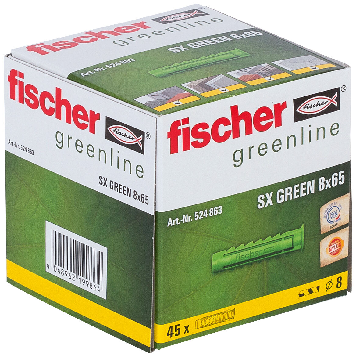 Packaging: "fischer Expansion plug SX Green 8 x 65 with larger anchorage depth"