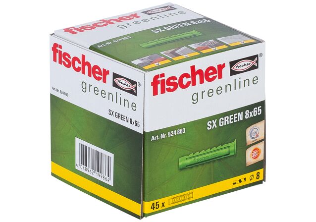 Emballasje: "fischer Nylonplugg SX Green 8 x 65 større forankringsdybde (NOBB 49137438)"