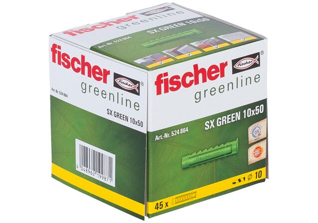 Emballasje: "fischer Nylonplugg SX Green 10 x 50 med krage (NOBB 49137442)"