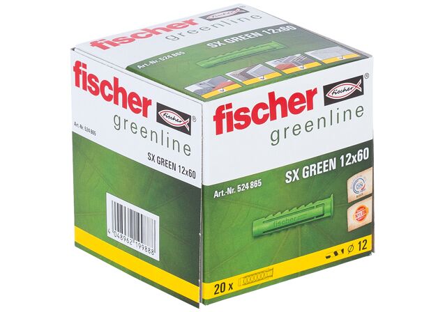 Emballasje: "fischer Nylonplugg SX Green 12 x 60 med krage (NOBB 49137457)"
