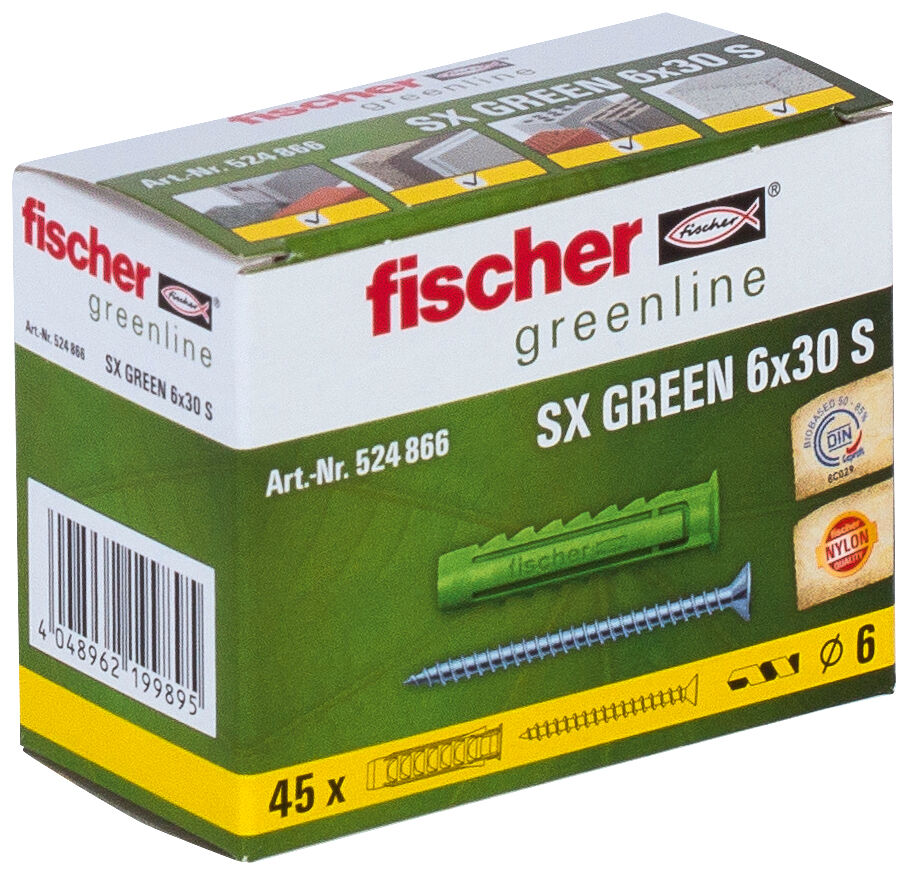 Packaging: "fischer Expansion plug SX Green 6 x 30 S with screw"