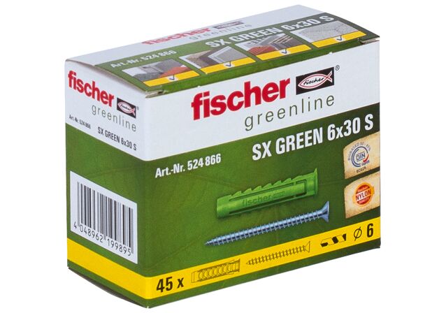 Emballasje: "fischer Nylonplugg SX 6 x 30 S med krage og skrue (NOBB 49137393)"