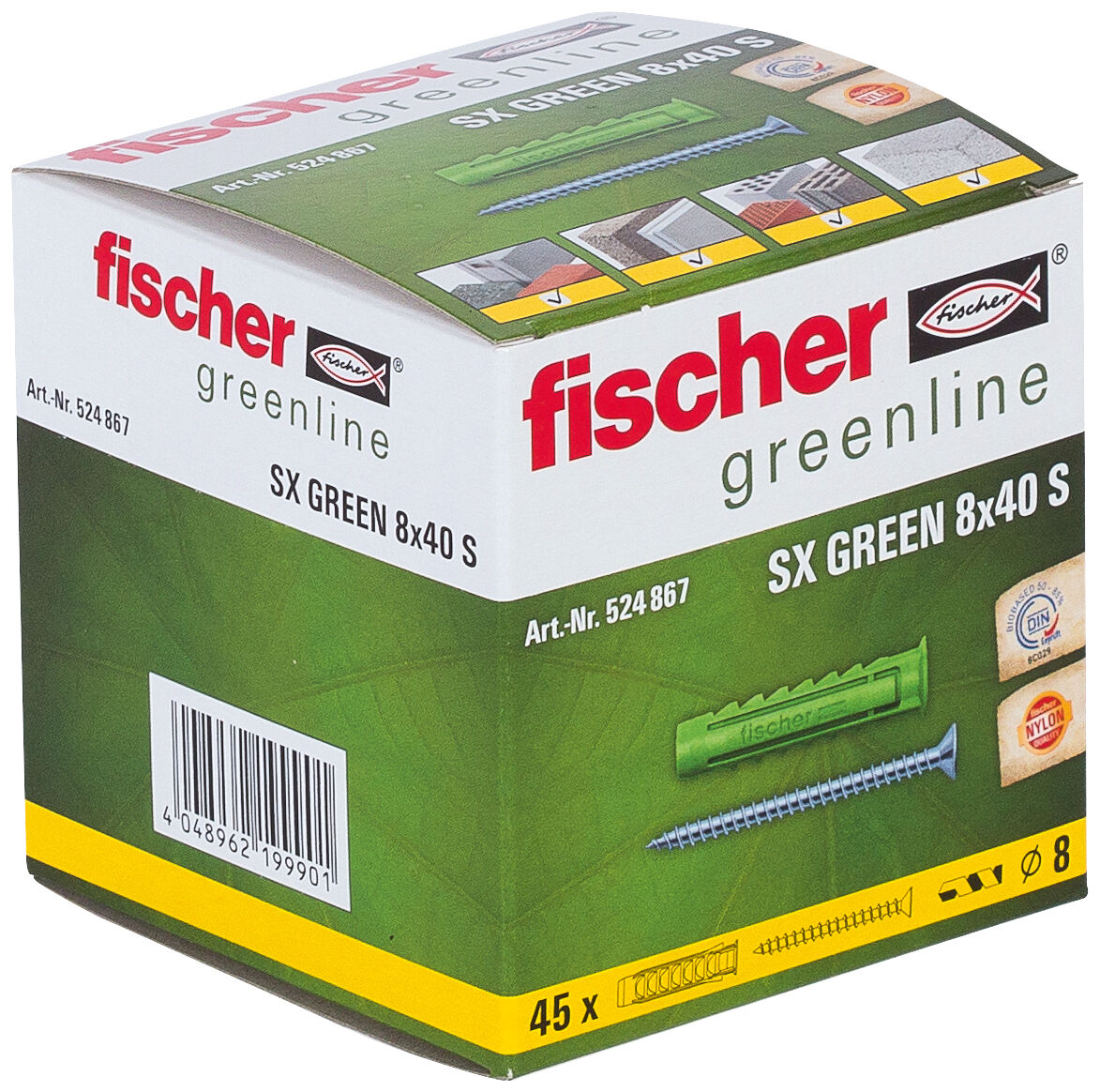 Packaging: "fischer Expansion plug SX Green 8 x 40 S with screw"
